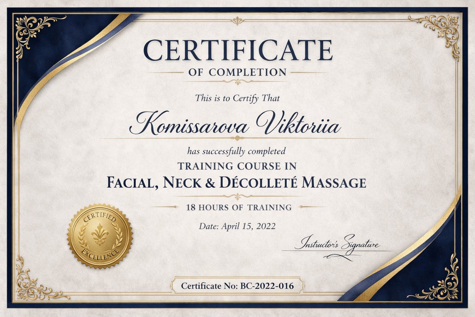 Massasje – dokumentasjon og sertifikat (V1)